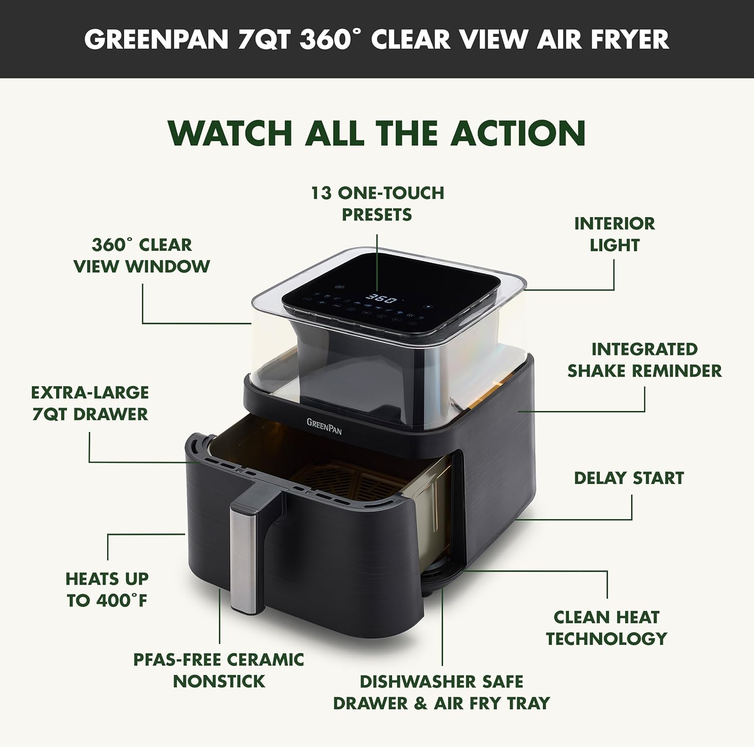 GreenPan Clearview 7QT Air Fryer with Clear Window, PFAS-Free Ceramic Nonstick, 13 Presets, Keep Warm, Dishwasher Safe