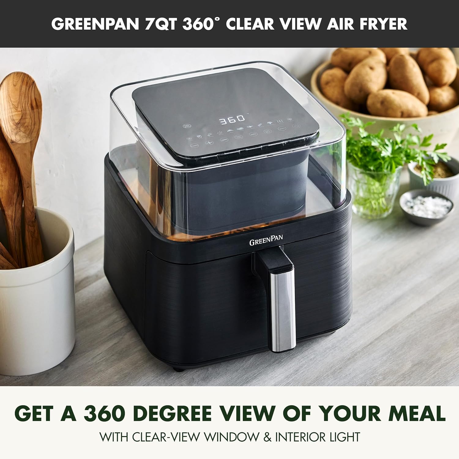 GreenPan Clearview 7QT Air Fryer with Clear Window, PFAS-Free Ceramic Nonstick, 13 Presets, Keep Warm, Dishwasher Safe