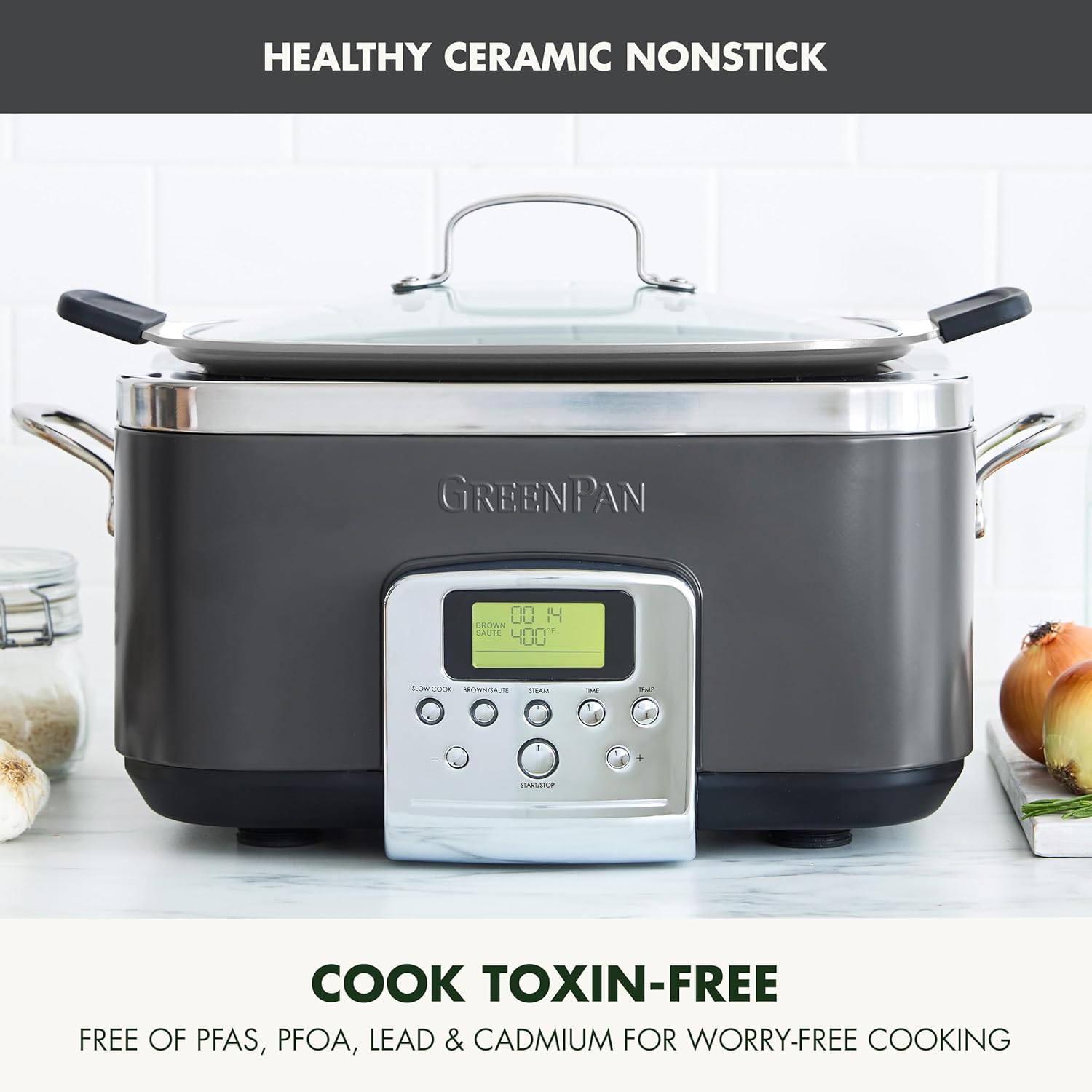 GreenPan Elite 8-in-1 Programmable 6QT Electric Slow Cooker with PFAS-Free Ceramic Nonstick Coating, Graphite