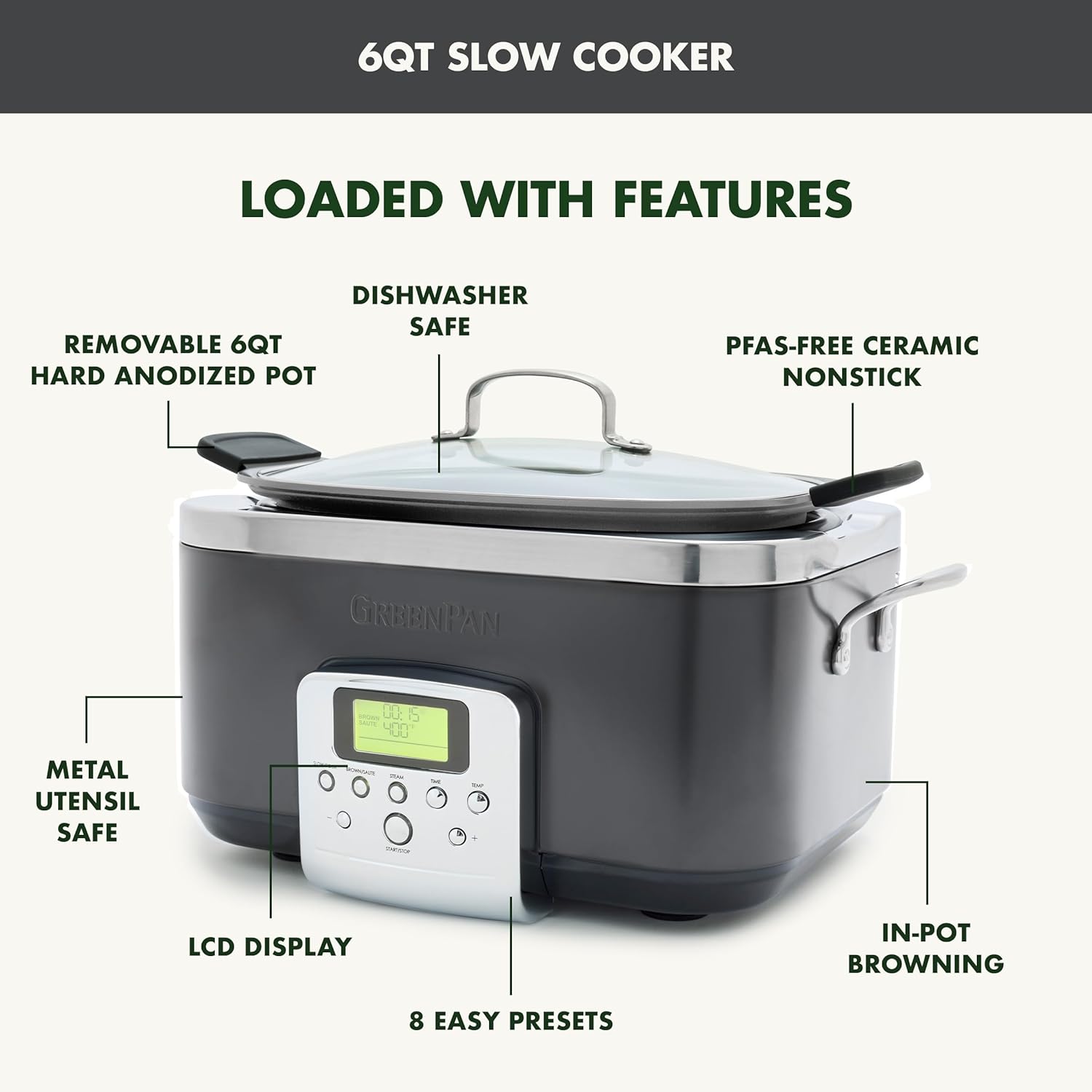 GreenPan Elite 8-in-1 Programmable 6QT Electric Slow Cooker with PFAS-Free Ceramic Nonstick Coating, Graphite