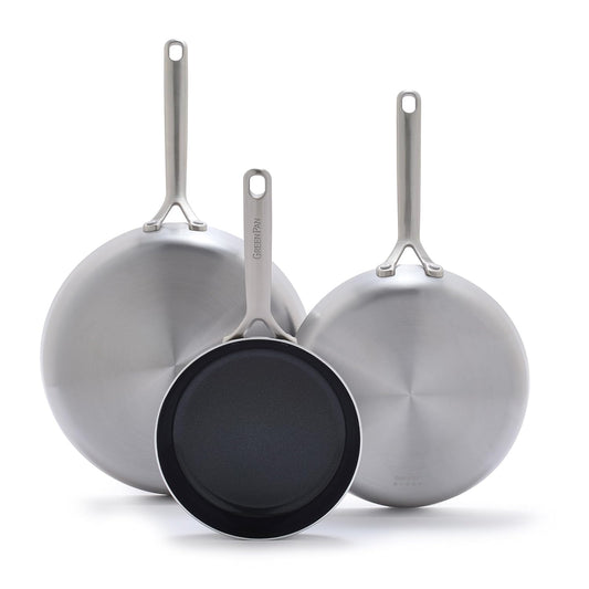 GreenPan GP5 Vista Stainless Steel Frying Pan Skillet Set - 3 Piece Cookware with Healthy PFAS-Free Nonstick Coating - Induction Safe
