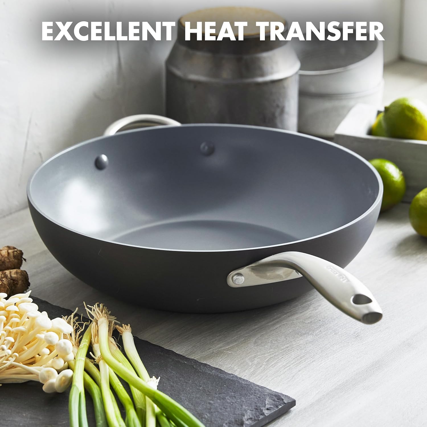 GreenPan Lima Hard Anodized Ceramic Nonstick Wok Pan - 12.5", PFAS-Free, Oven Safe - Gray Color