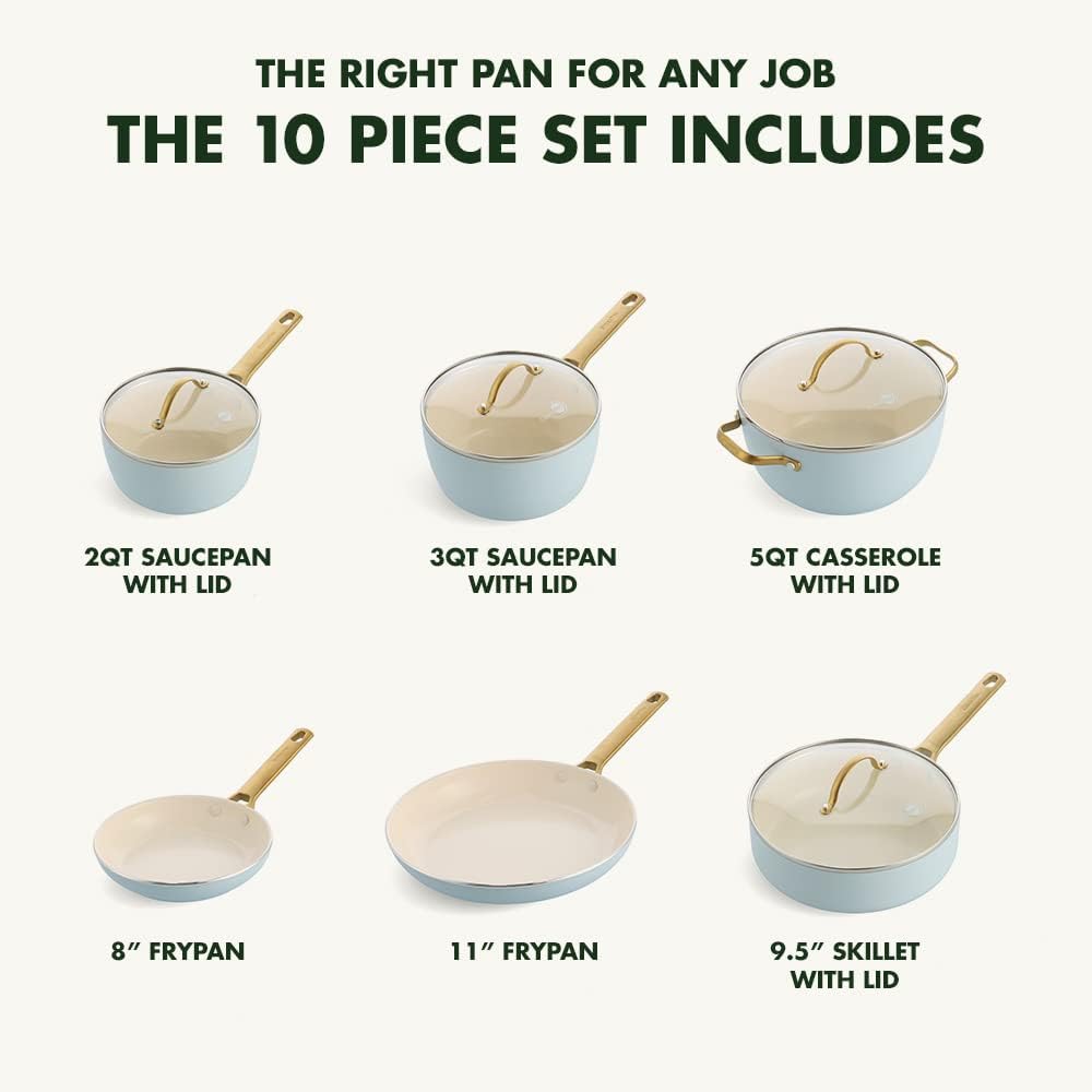 GreenPan Reserve 10-Piece Cookware Set, Hard Anodized Ceramic Nonstick Pots & Pans, PFAS-Free, Dishwasher Safe - Light Blue Color
