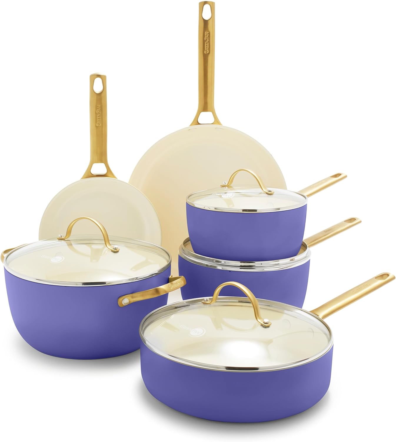 GreenPan Reserve Hard Anodized Ceramic Nonstick Cookware Set, 10 Piece, Gold Handle, PFAS-Free, Dishwasher & Oven Safe, Periwinkle Color