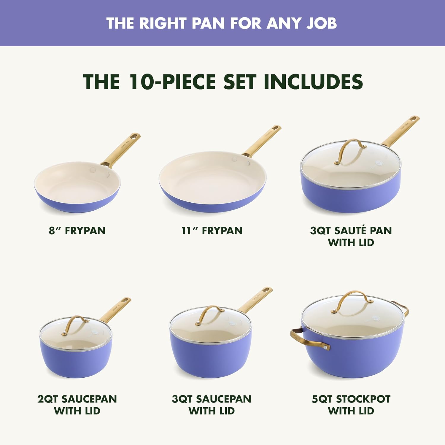 GreenPan Reserve Hard Anodized Ceramic Nonstick Cookware Set, 10 Piece, Gold Handle, PFAS-Free, Dishwasher & Oven Safe, Periwinkle Color