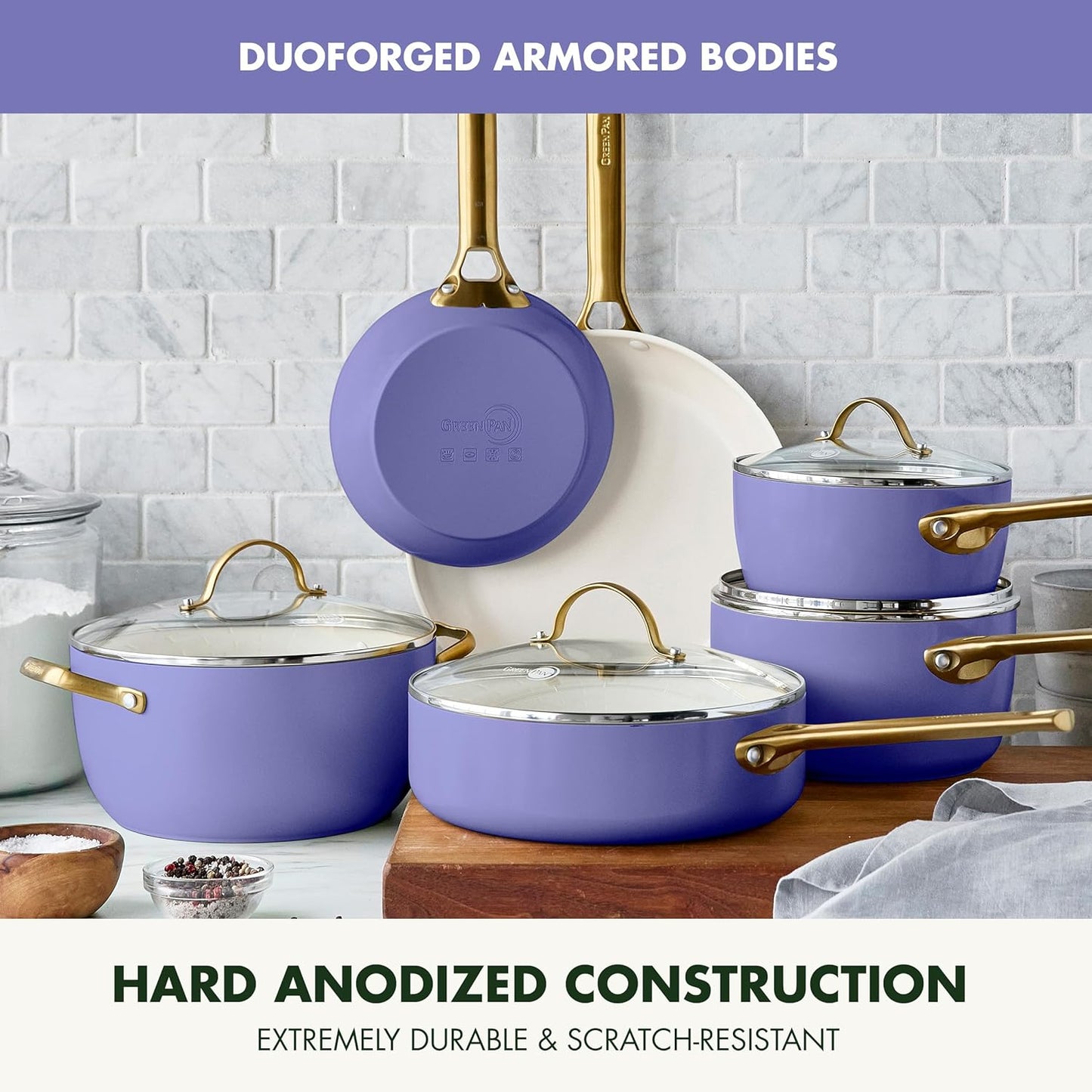 GreenPan Reserve Hard Anodized Ceramic Nonstick Cookware Set, 10 Piece, Gold Handle, PFAS-Free, Dishwasher & Oven Safe, Periwinkle Color