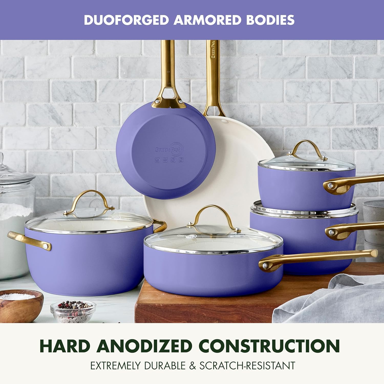 GreenPan Reserve Hard Anodized Ceramic Nonstick Cookware Set, 10 Piece, Gold Handle, PFAS-Free, Dishwasher & Oven Safe, Periwinkle Color