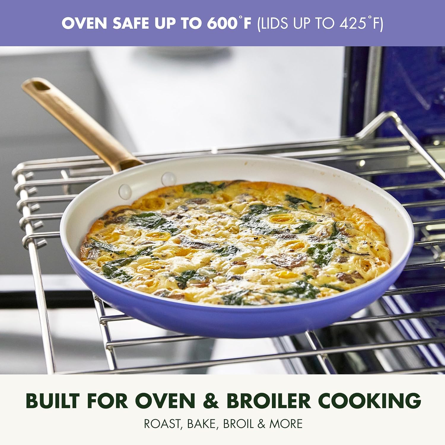 GreenPan Reserve Hard Anodized Ceramic Nonstick Cookware Set, 10 Piece, Gold Handle, PFAS-Free, Dishwasher & Oven Safe, Periwinkle Color