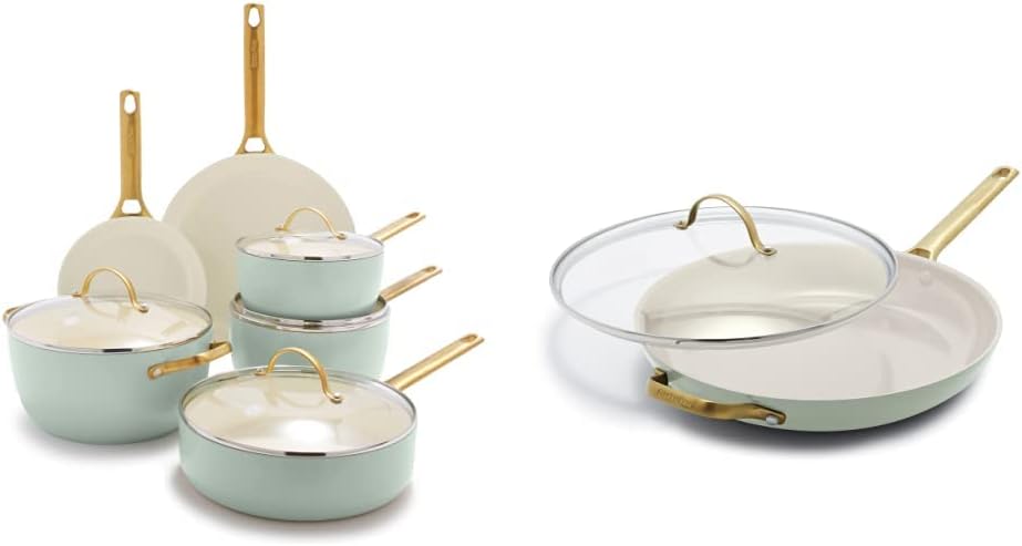 GreenPan Reserve Hard Anodized Healthy Ceramic Nonstick Cookware Set with Gold Handles + 12" Frying Pan Skillet in Julep Green