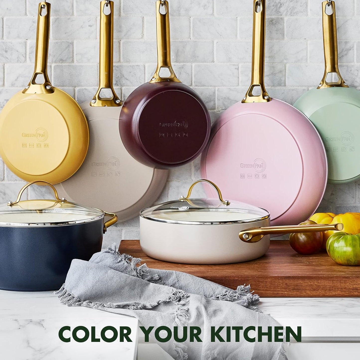 GreenPan Reserve Hard Anodized Healthy Ceramic Nonstick Cookware Set with Gold Handles + 12" Frying Pan Skillet in Julep Green