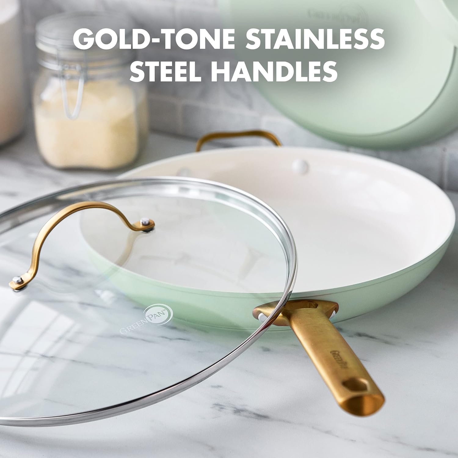 GreenPan Reserve Hard Anodized Healthy Ceramic Nonstick Cookware Set with Gold Handles + 12" Frying Pan Skillet in Julep Green
