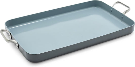 GreenPan Valencia Pro 18" x 11" Double Burner Griddle Pan - Induction Ready, Ceramic Nonstick, PFAS-Free - Stainless Steel Handles - Dishwasher, Oven, & Broiler Safe - Gray