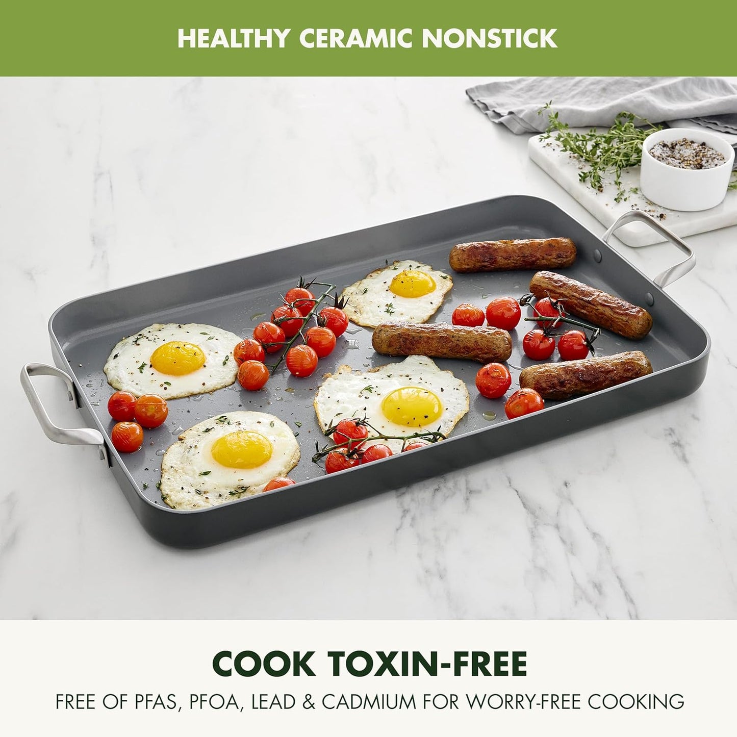 GreenPan Valencia Pro 18" x 11" Double Burner Griddle Pan - Induction Ready, Ceramic Nonstick, PFAS-Free - Stainless Steel Handles - Dishwasher, Oven, & Broiler Safe - Gray