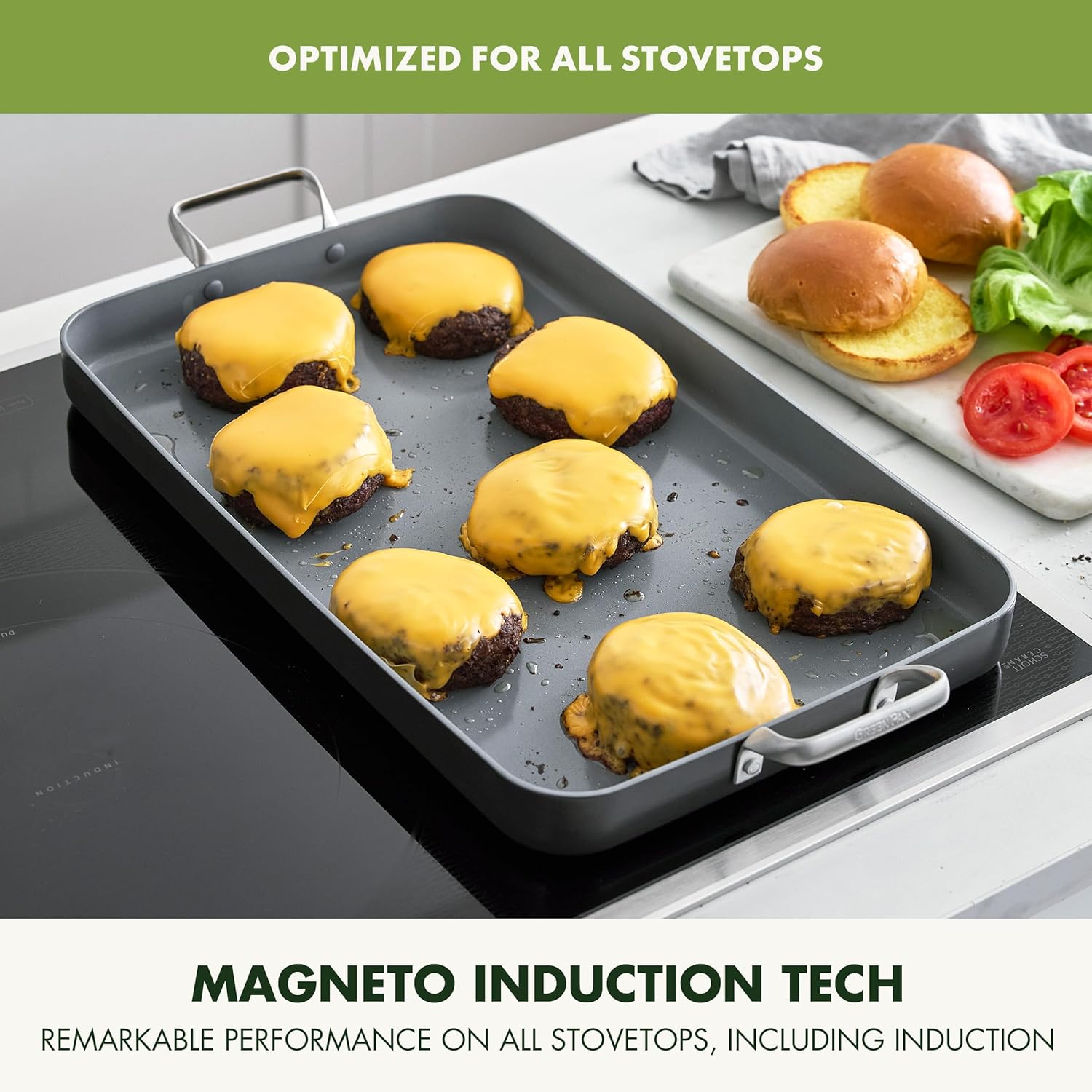 GreenPan Valencia Pro 18" x 11" Double Burner Griddle Pan - Induction Ready, Ceramic Nonstick, PFAS-Free - Stainless Steel Handles - Dishwasher, Oven, & Broiler Safe - Gray