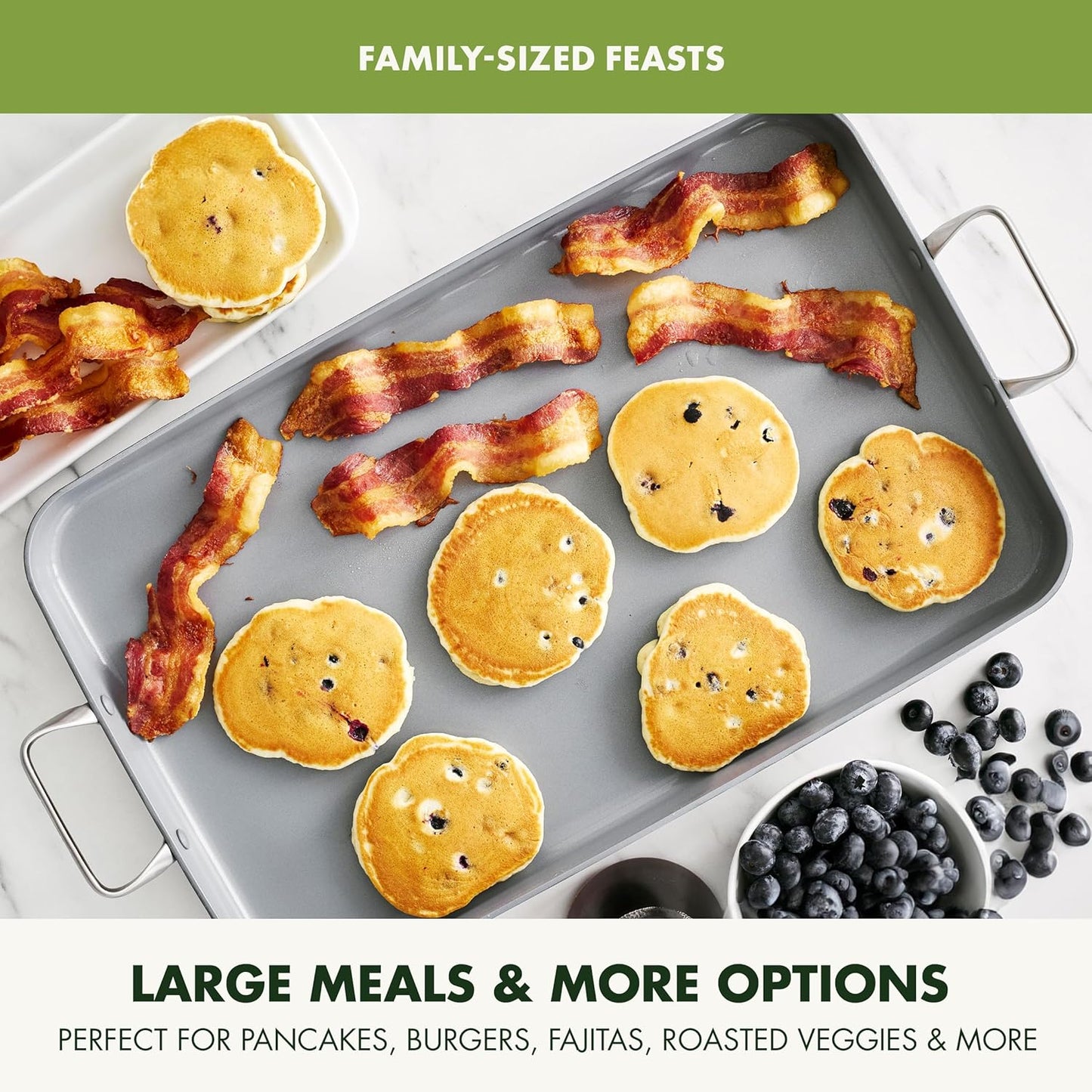 GreenPan Valencia Pro 18" x 11" Double Burner Griddle Pan - Induction Ready, Ceramic Nonstick, PFAS-Free - Stainless Steel Handles - Dishwasher, Oven, & Broiler Safe - Gray