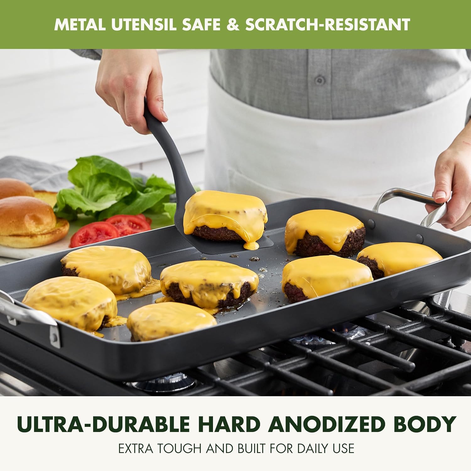 GreenPan Valencia Pro 18" x 11" Double Burner Griddle Pan - Induction Ready, Ceramic Nonstick, PFAS-Free - Stainless Steel Handles - Dishwasher, Oven, & Broiler Safe - Gray