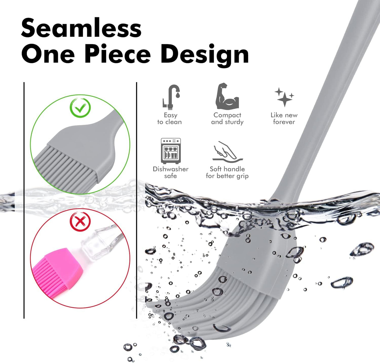 Grey Silicone Basting Brushes Heat Resistant for BBQ Grill Baking - Set of 2, BPA Free & Dishwasher Safe