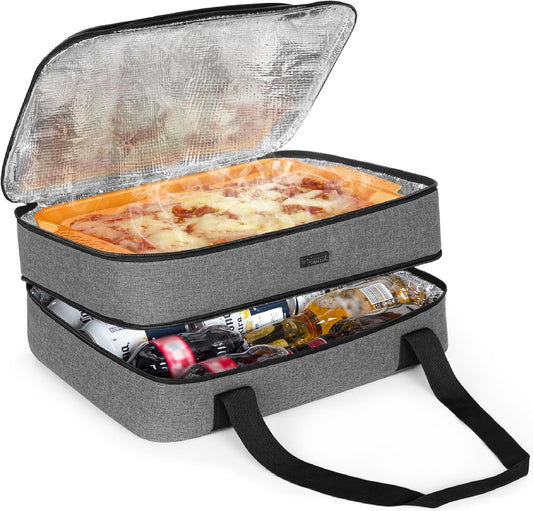 Grey Trunab Casserole Carrier Double Decker Thermal Tote Bag for Hot/Cold Food - Fits 9"×13" Baking Dish - Picnic Insulated Casserole Dish Carrier with Tool Room