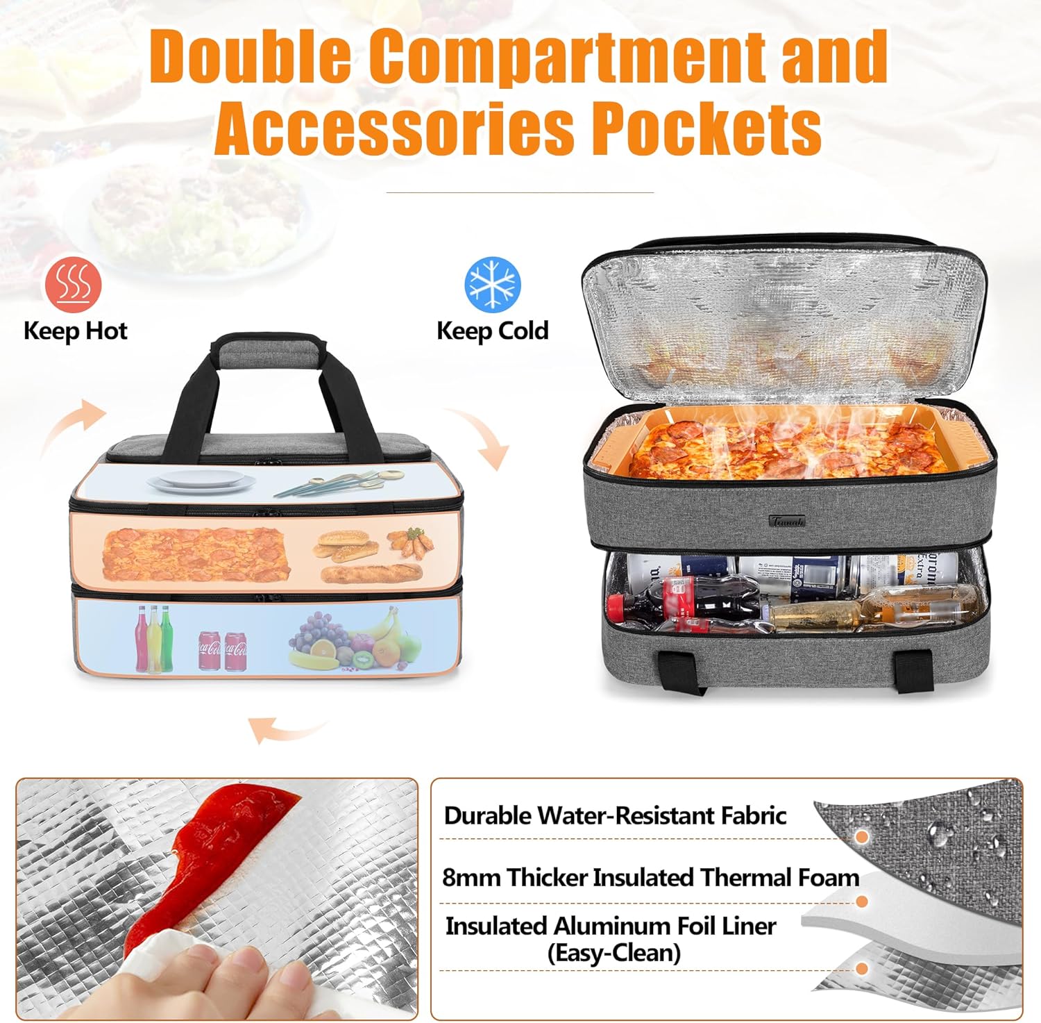 Grey Trunab Casserole Carrier Double Decker Thermal Tote Bag for Hot/Cold Food - Fits 9"×13" Baking Dish - Picnic Insulated Casserole Dish Carrier with Tool Room