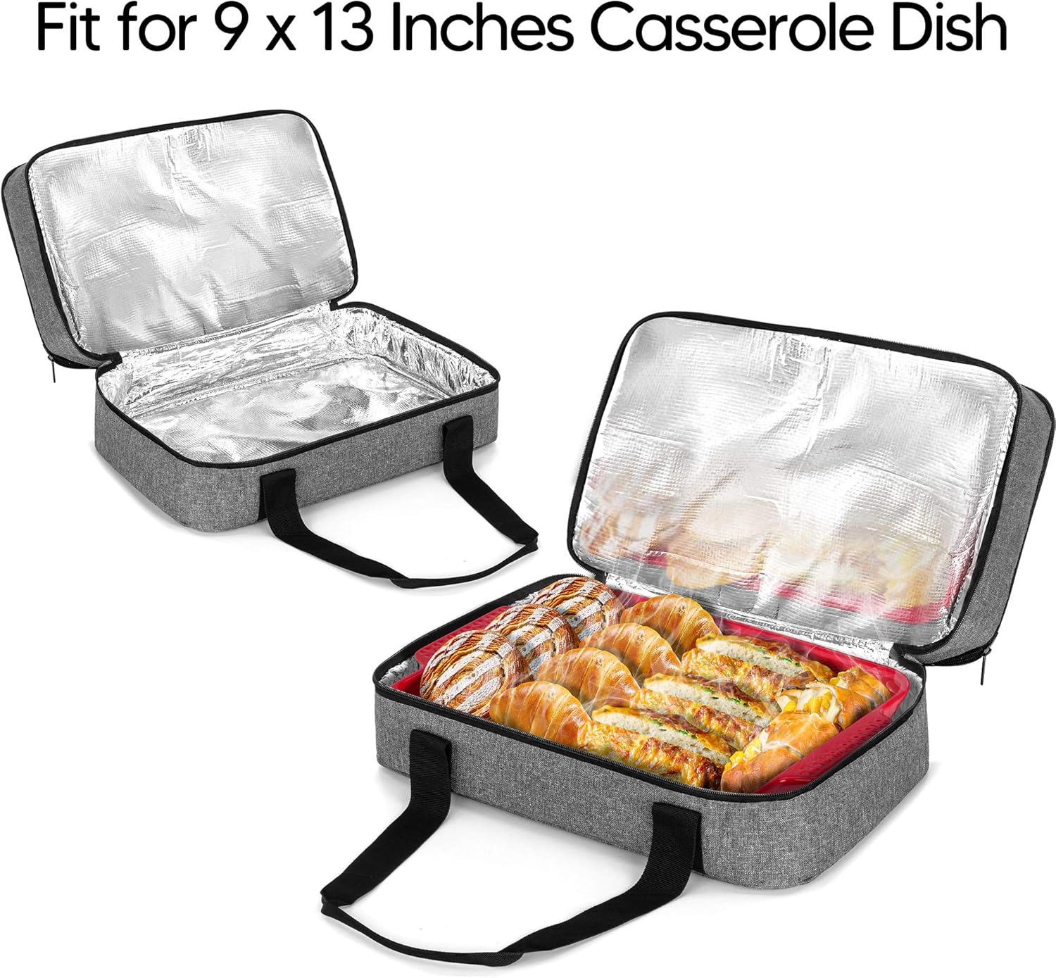 Grey Trunab Casserole Carrier Double Decker Thermal Tote Bag for Hot/Cold Food - Fits 9"×13" Baking Dish - Picnic Insulated Casserole Dish Carrier with Tool Room