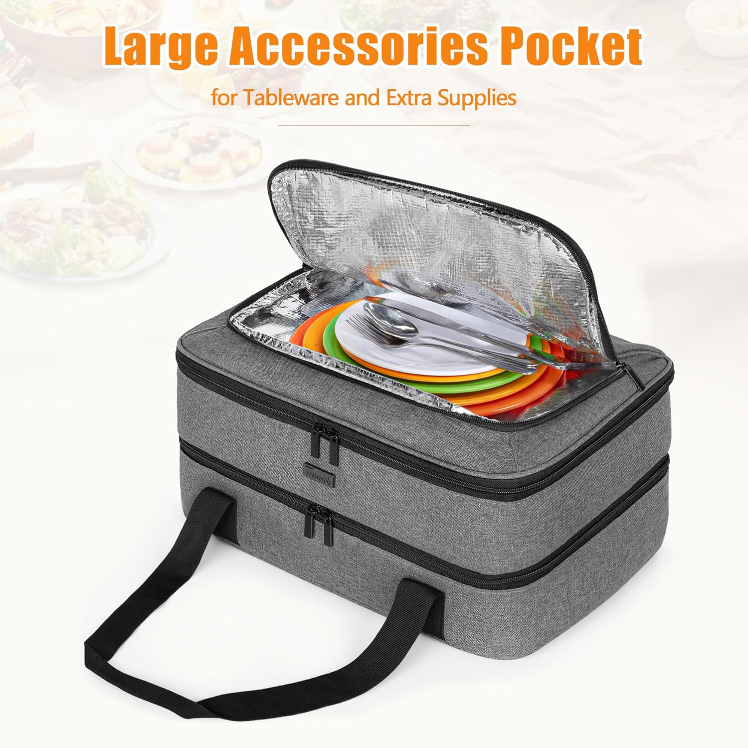 Grey Trunab Casserole Carrier Double Decker Thermal Tote Bag for Hot/Cold Food - Fits 9"×13" Baking Dish - Picnic Insulated Casserole Dish Carrier with Tool Room