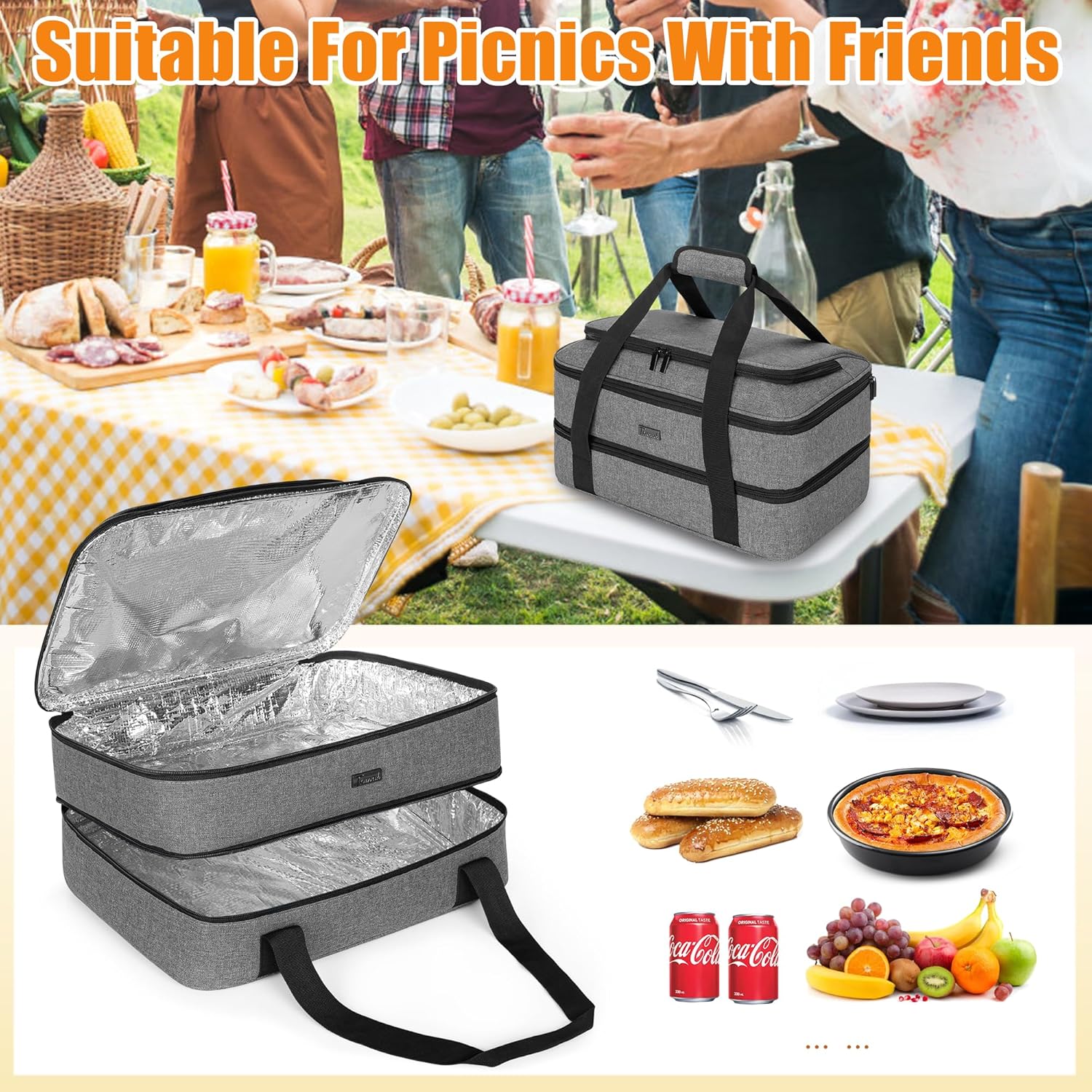 Grey Trunab Casserole Carrier Double Decker Thermal Tote Bag for Hot/Cold Food - Fits 9"×13" Baking Dish - Picnic Insulated Casserole Dish Carrier with Tool Room