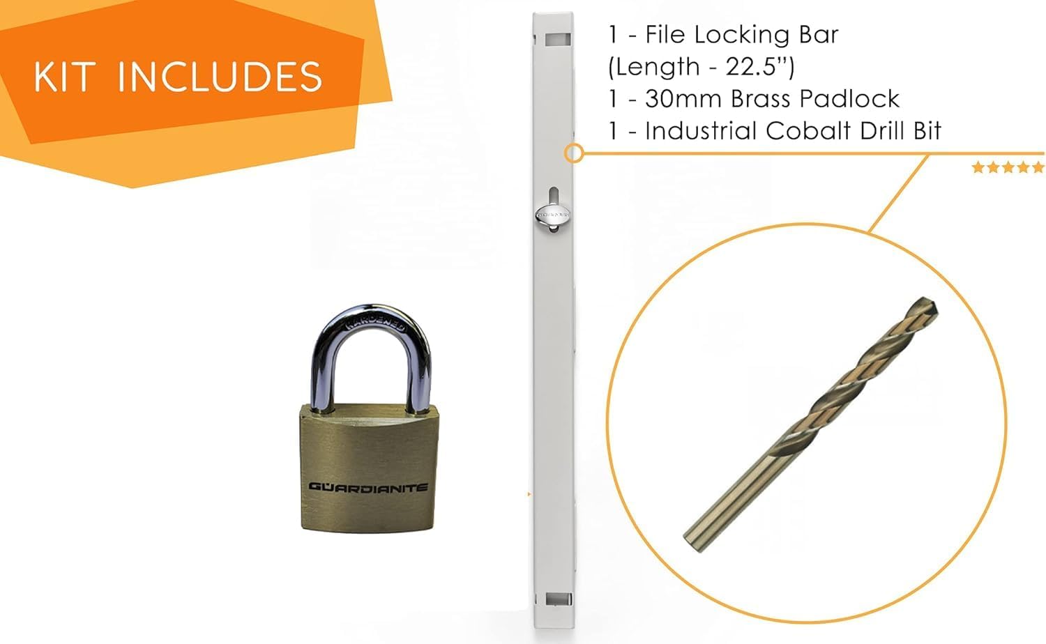 Guardianite 3 Drawer File Cabinet Locking Bar Set with Padlock and Cobalt Drill Bit - Beige