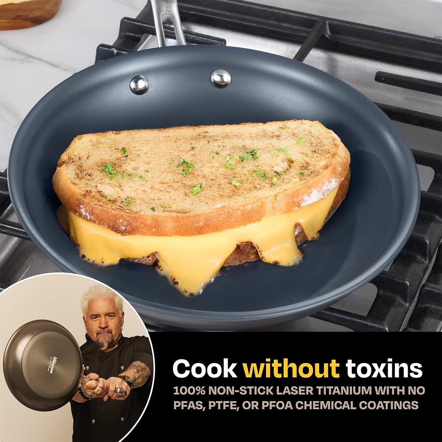 Guy Fieri Flavortown Laser Titanium 12” Fry Pan w/ Lid - Non-stick Cookware, PFAS, PTFE, PFOA Free, 3x Durable, Dishwasher & Oven Safe