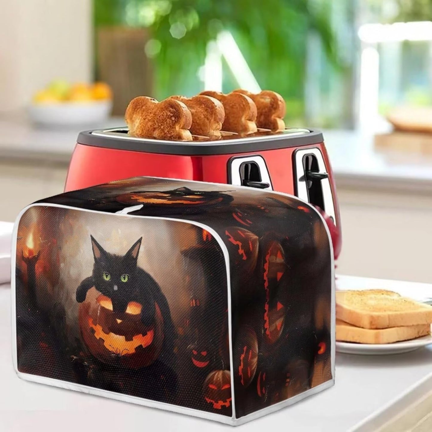 Halloween Cat Pumpkin 2 Slice Toaster Cover with Knife & Tongs Holder, Small Appliance Dust Protection, Machine Washable