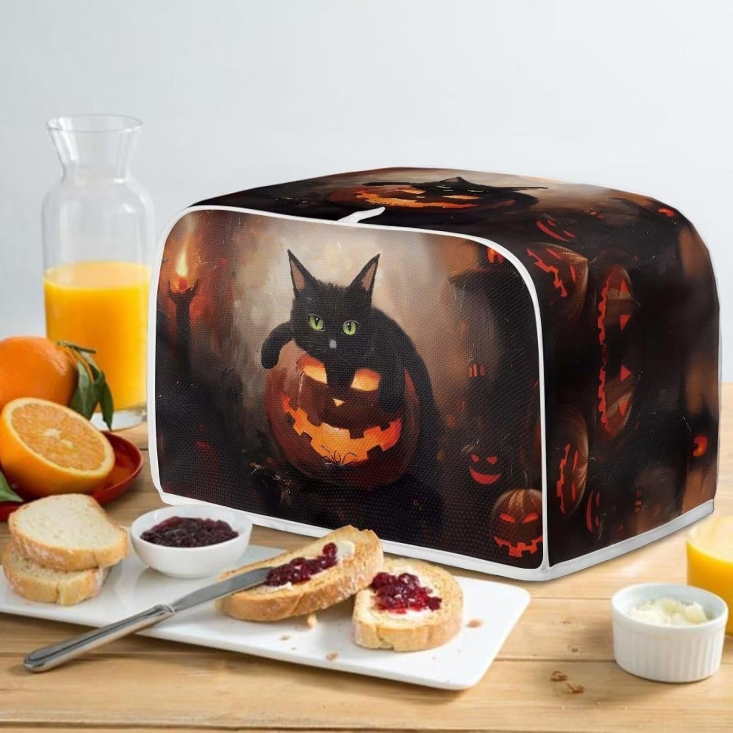 Halloween Cat Pumpkin 2 Slice Toaster Cover with Knife & Tongs Holder, Small Appliance Dust Protection, Machine Washable