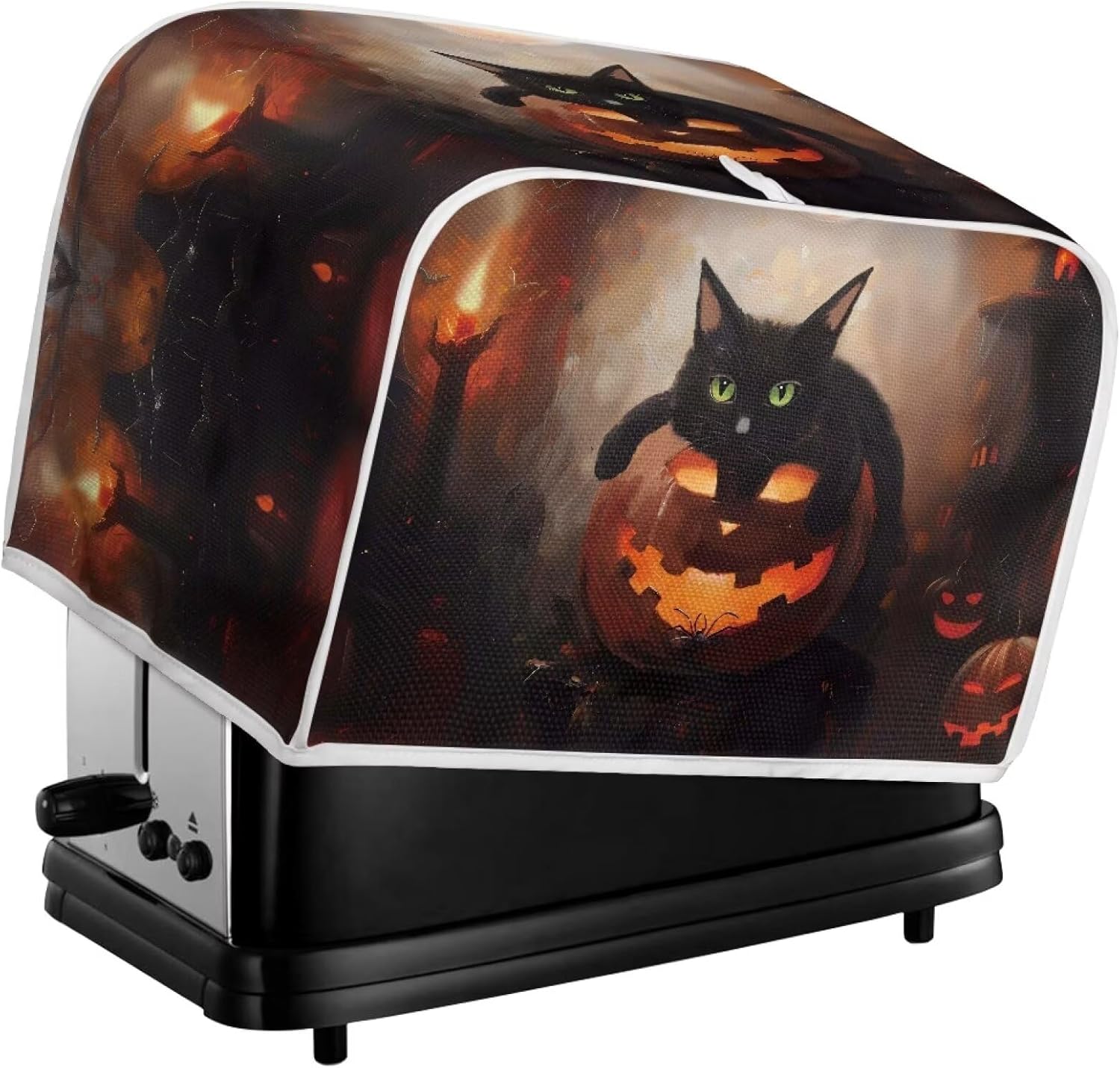 Halloween Cat Pumpkin 2 Slice Toaster Cover with Knife & Tongs Holder, Small Appliance Dust Protection, Machine Washable