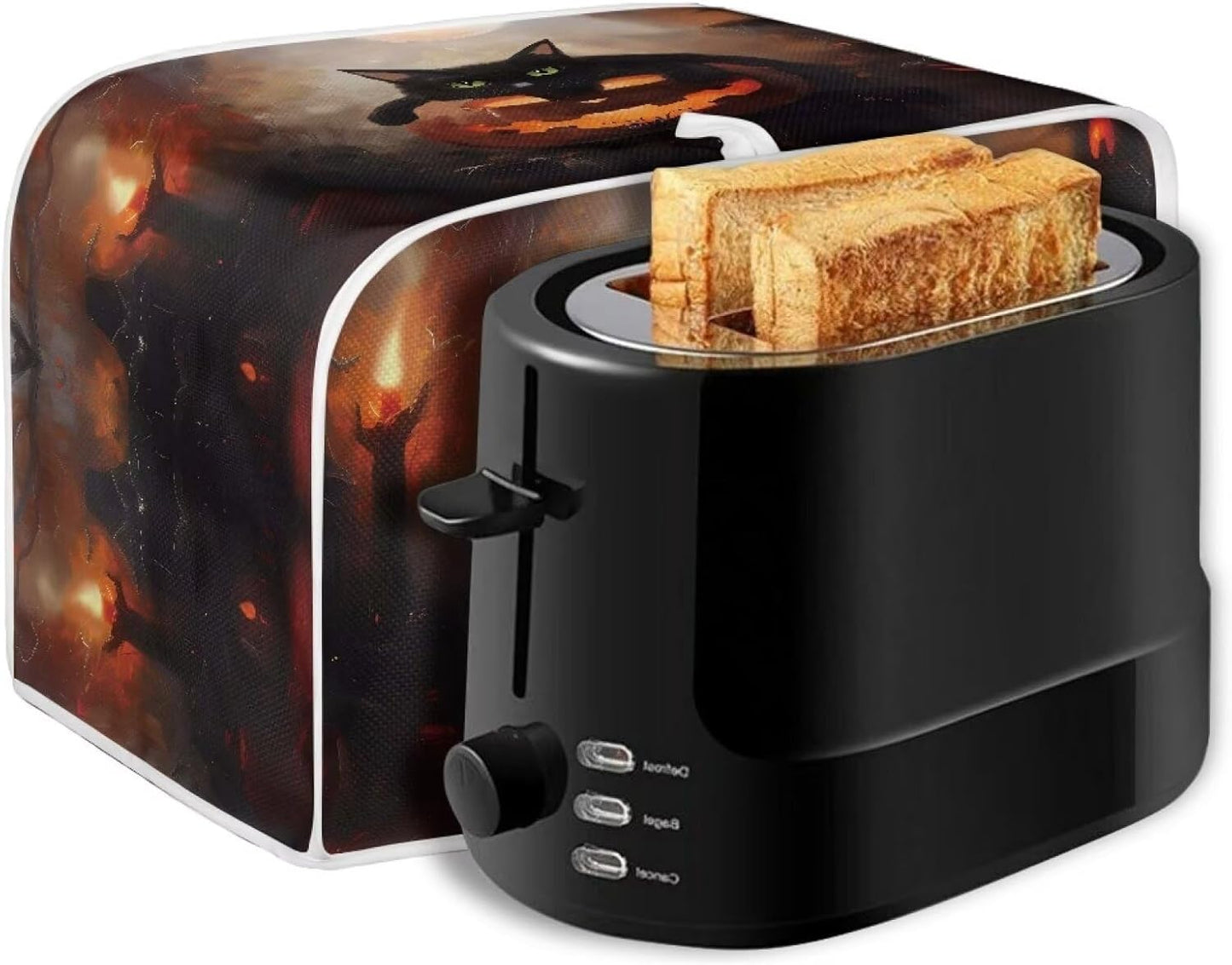 Halloween Cat Pumpkin 2 Slice Toaster Cover with Knife & Tongs Holder, Small Appliance Dust Protection, Machine Washable