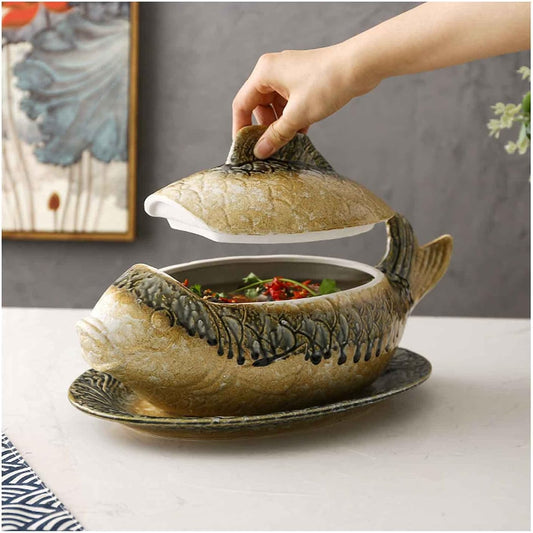Halloween Fish-Shaped Ceramic Casserole Dish Set with Lid - Perfect for Special Dinners - 16x8 INCH, 3300ML/111oz