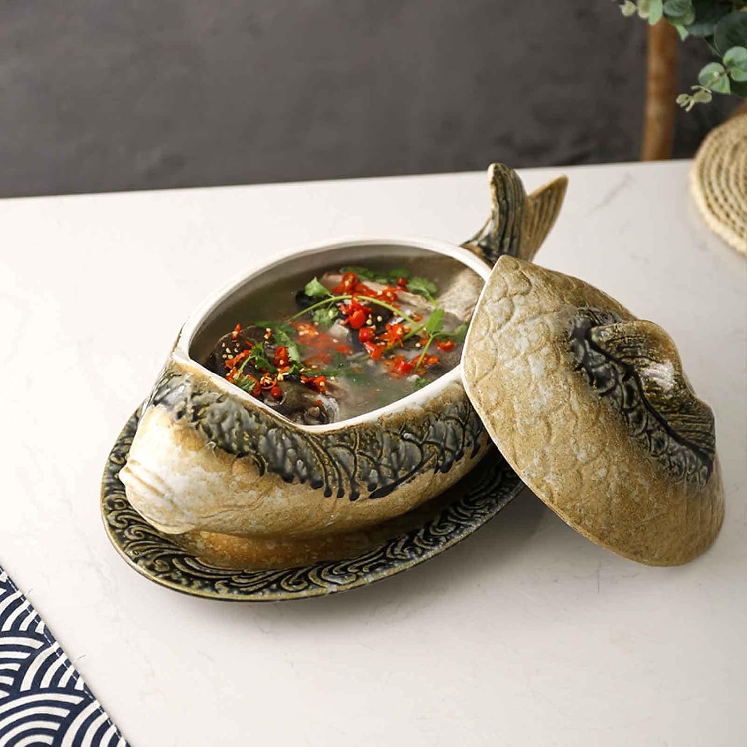 Halloween Fish-Shaped Ceramic Casserole Dish Set with Lid - Perfect for Special Dinners - 16x8 INCH, 3300ML/111oz