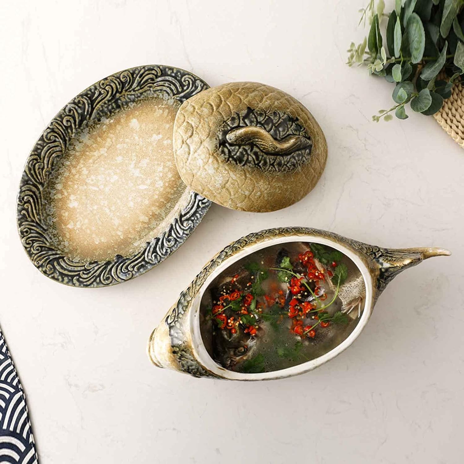 Halloween Fish-Shaped Ceramic Casserole Dish Set with Lid - Perfect for Special Dinners - 16x8 INCH, 3300ML/111oz
