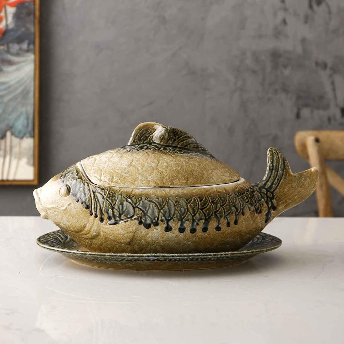 Halloween Fish-Shaped Ceramic Casserole Dish Set with Lid - Perfect for Special Dinners - 16x8 INCH, 3300ML/111oz