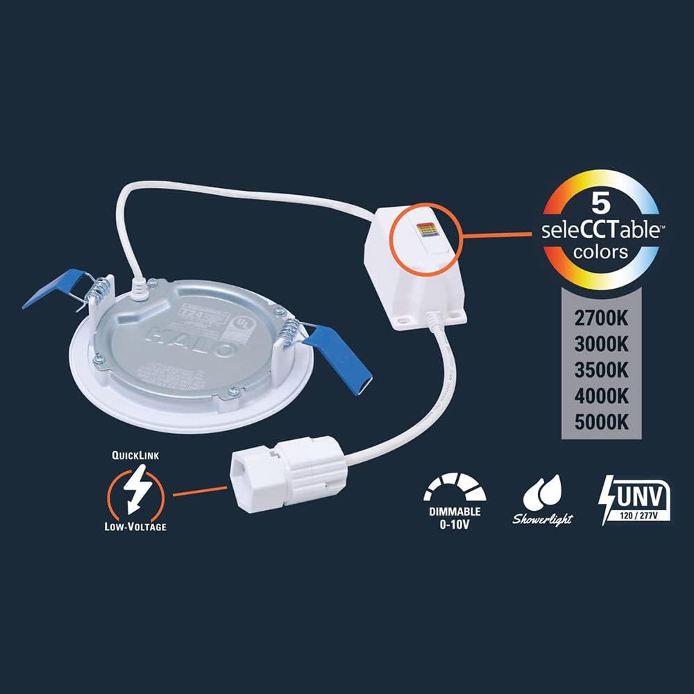 HALO Quicklink 4 Inch Canless Ultra-Thin LED Wafer Light 6 Pack - Ceiling/Shower - 605 Lumens - 5 Color Temperatures - 0-10V Dimming