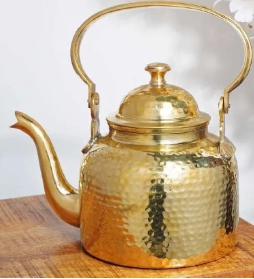 Hammered Brass Tea Kettle - Traditional Indian Style (1000 ml) for Home, Hotel, Restaurant, Office - Lalit Kishori