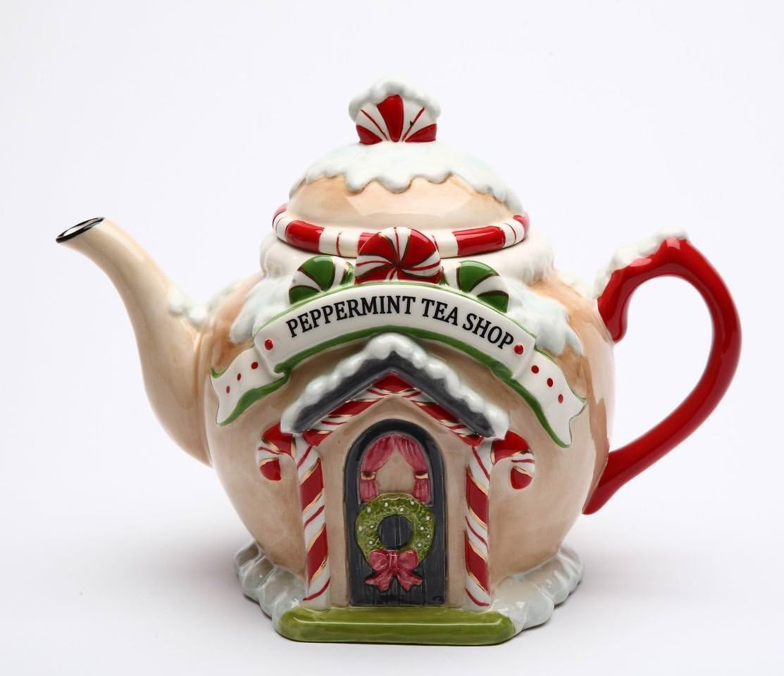 Hand Painted Christmas Peppermint Candy Cane Gingerbread House Teapot - 8-7/8" L, Fine Ceramic Tea Shop Decor by Cosmos Gifts
