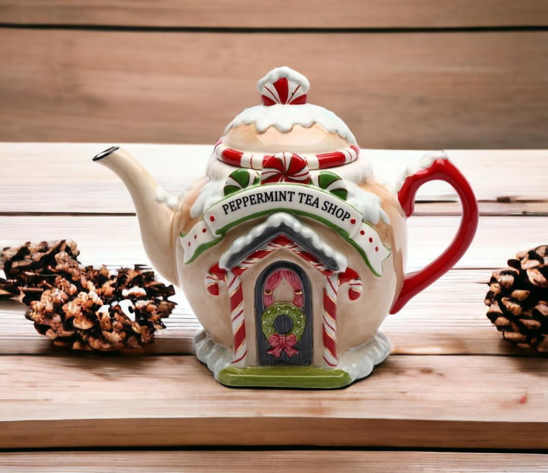 Hand Painted Christmas Peppermint Candy Cane Gingerbread House Teapot - 8-7/8" L, Fine Ceramic Tea Shop Decor by Cosmos Gifts