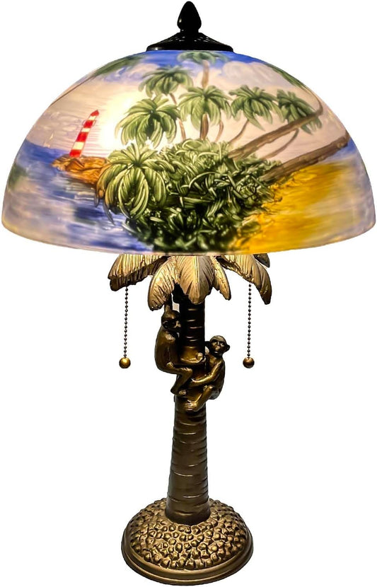 Hand-Painted Glass Table Lamp with Monkeys Harvesting Coconuts - Tropical Beach Coconut Trees Design for Home Decor
