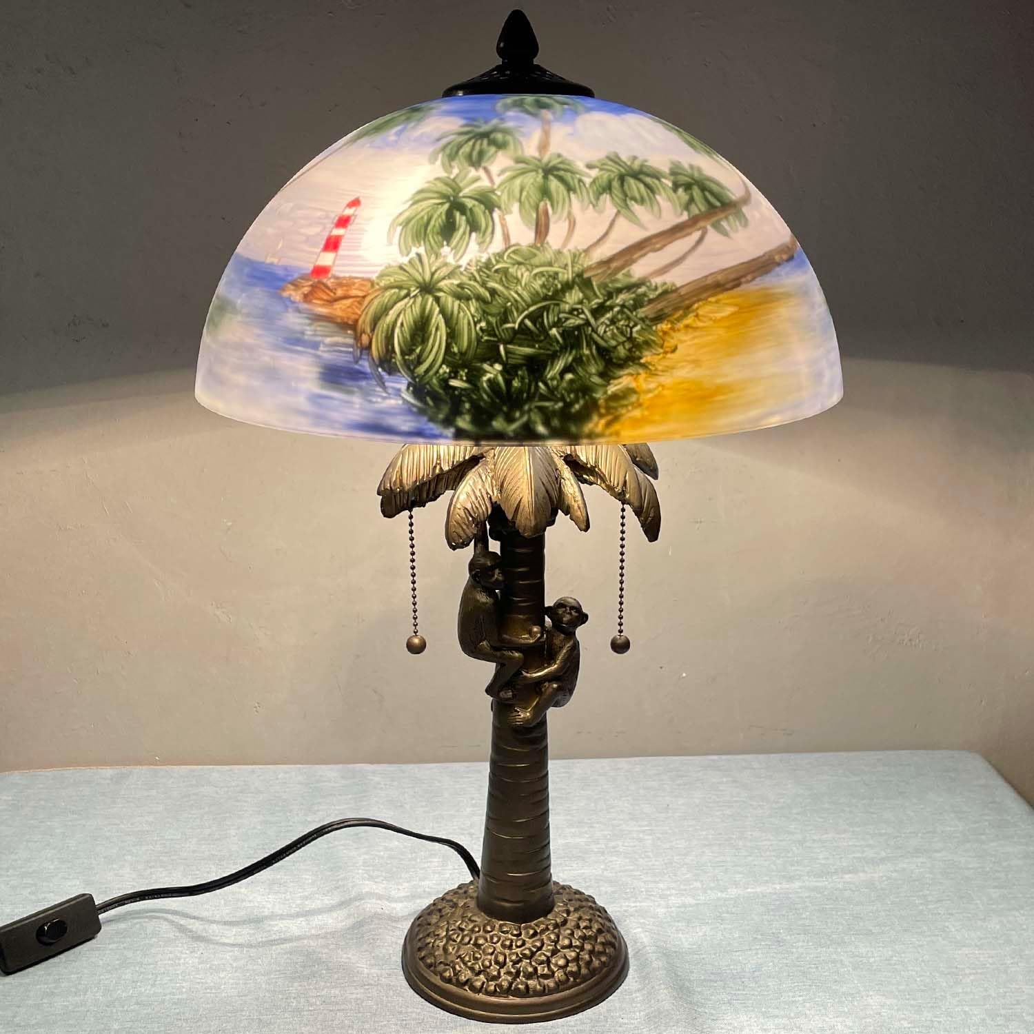 Hand-Painted Glass Table Lamp with Monkeys Harvesting Coconuts - Tropical Beach Coconut Trees Design for Home Decor
