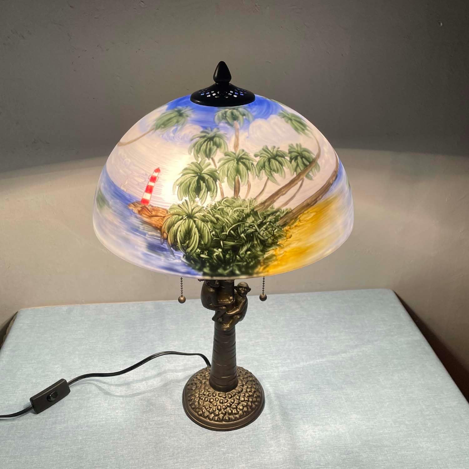 Hand-Painted Glass Table Lamp with Monkeys Harvesting Coconuts - Tropical Beach Coconut Trees Design for Home Decor