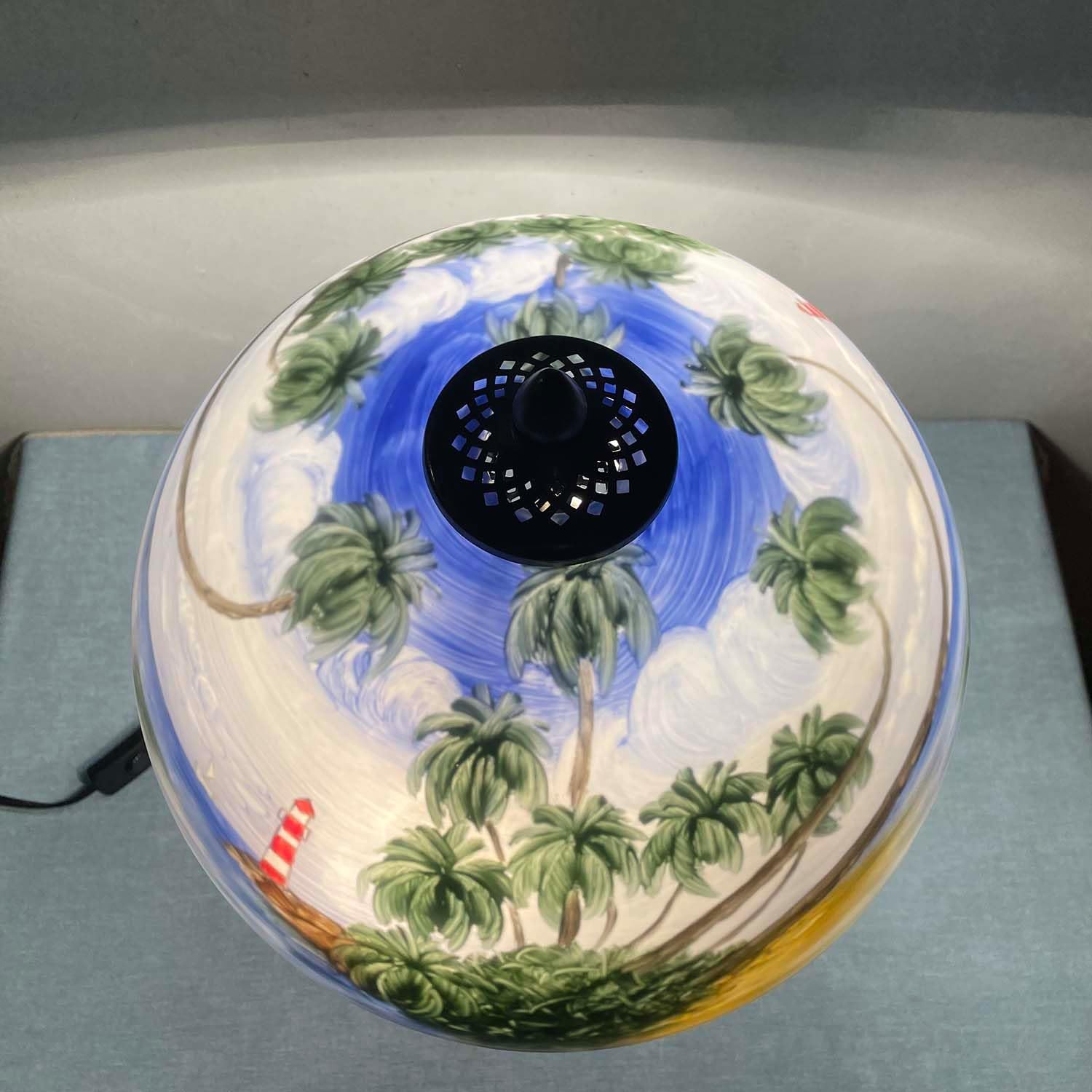 Hand-Painted Glass Table Lamp with Monkeys Harvesting Coconuts - Tropical Beach Coconut Trees Design for Home Decor