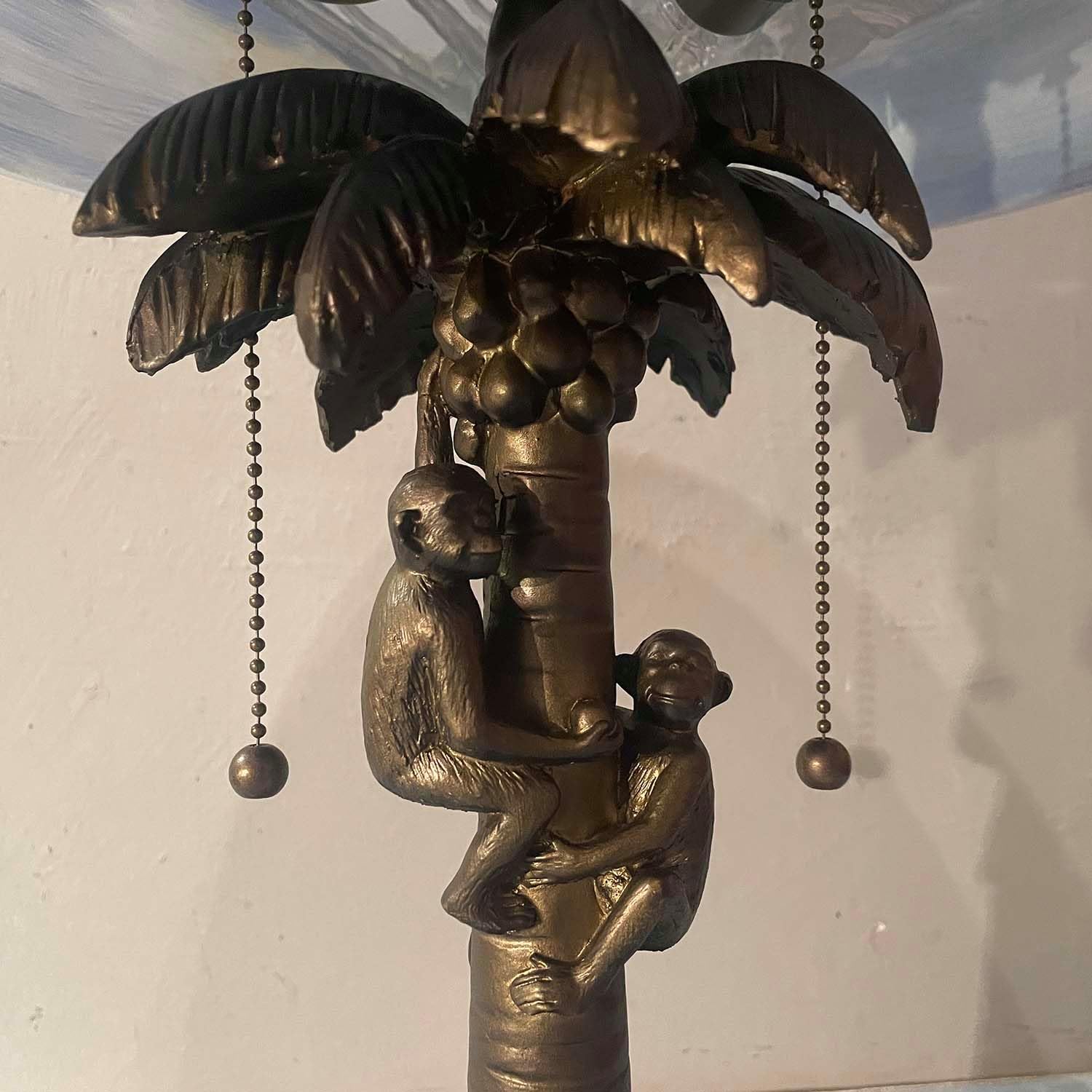Hand-Painted Glass Table Lamp with Monkeys Harvesting Coconuts - Tropical Beach Coconut Trees Design for Home Decor