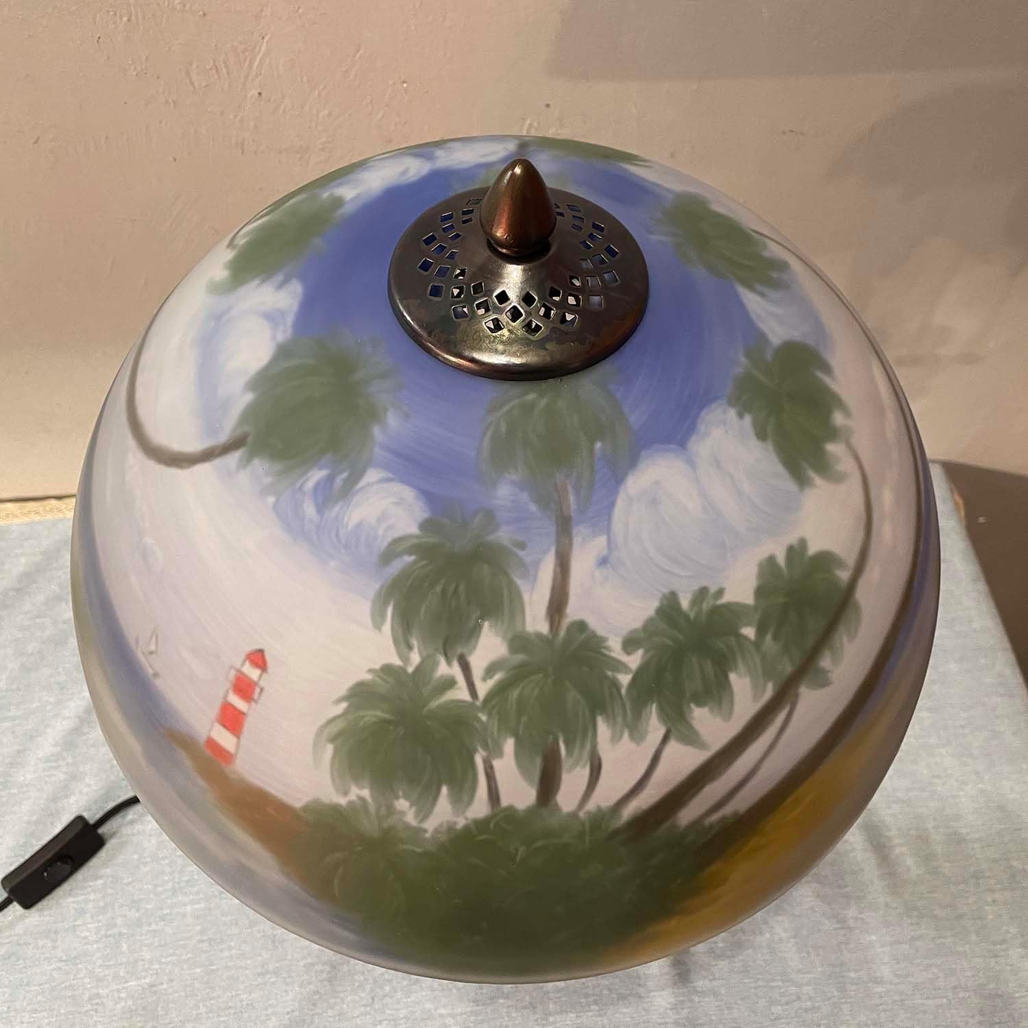 Hand-Painted Glass Table Lamp with Monkeys Harvesting Coconuts - Tropical Beach Coconut Trees Design for Home Decor