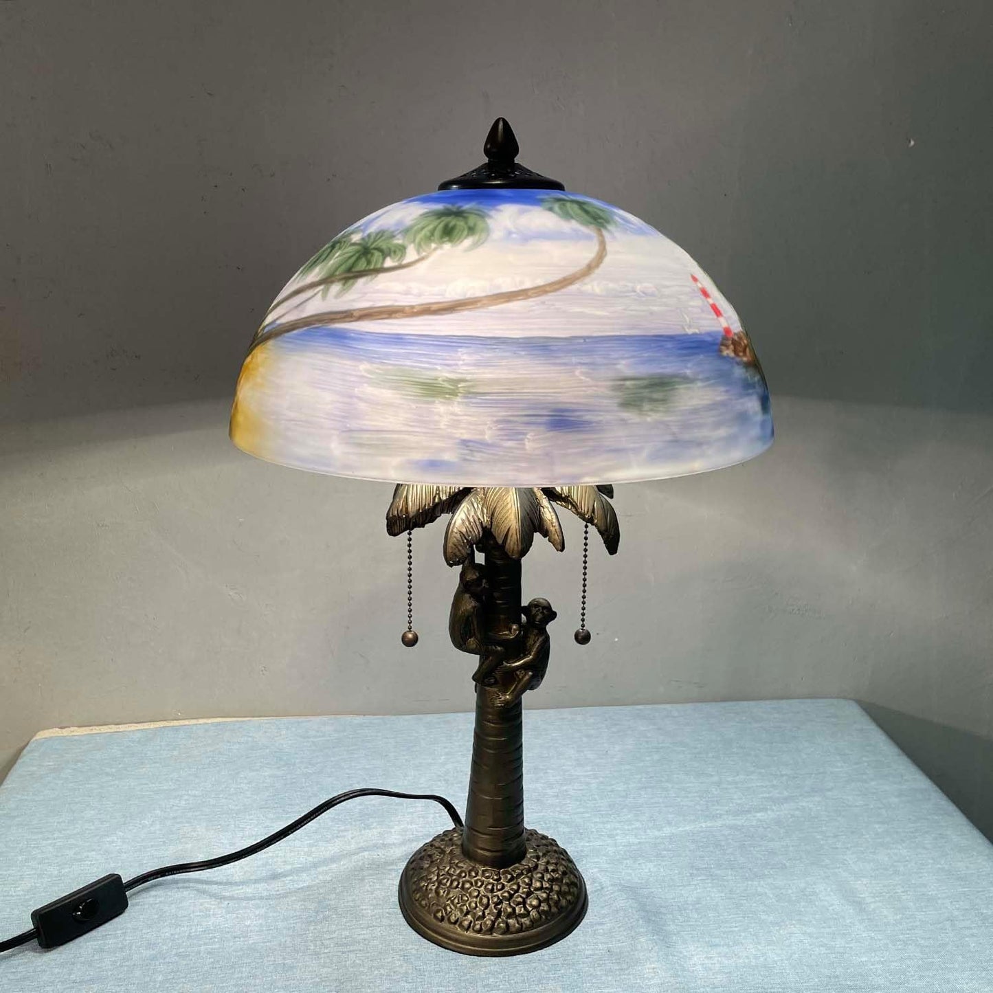 Hand-Painted Glass Table Lamp with Monkeys Harvesting Coconuts - Tropical Beach Coconut Trees Design for Home Decor