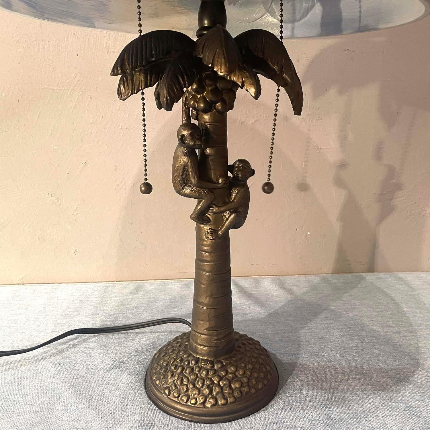 Hand-Painted Glass Table Lamp with Monkeys Harvesting Coconuts - Tropical Beach Coconut Trees Design for Home Decor