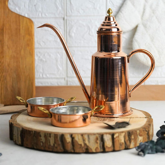 Handcrafted 600ml Copper Olive Oil Dispenser Pot with Dipping Set - Brass Crown - Pure Solid Copper