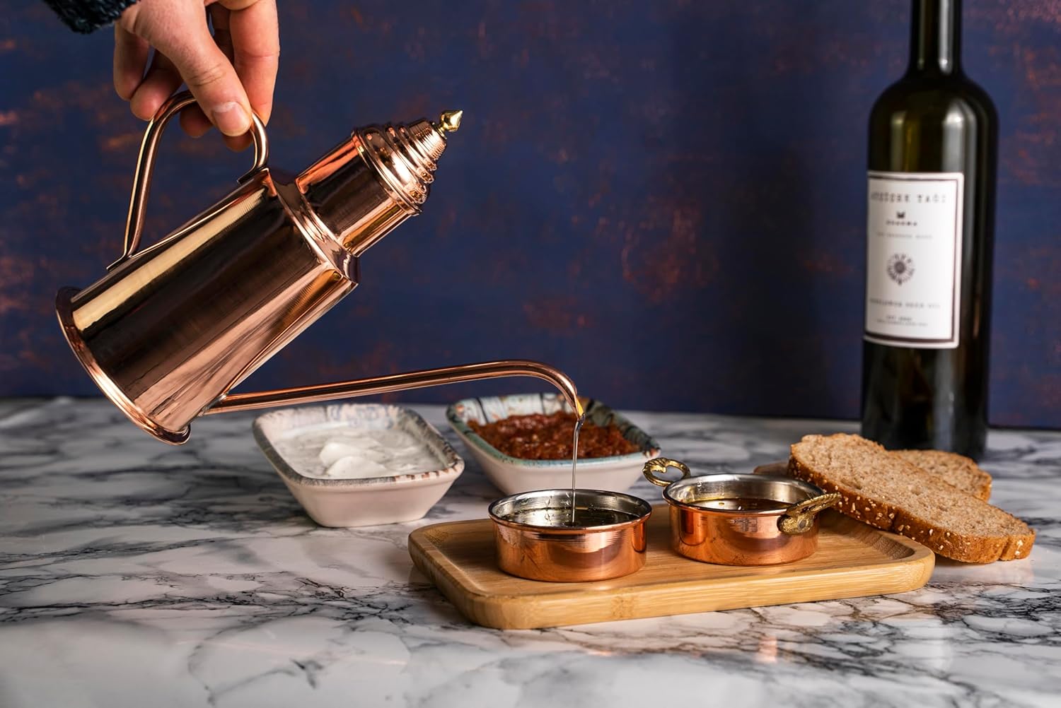 Handcrafted 600ml Copper Olive Oil Dispenser Pot with Dipping Set - Brass Crown - Pure Solid Copper